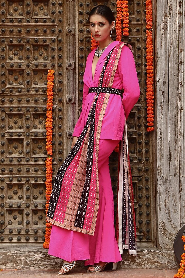 Hot Pink Georgette Jacket Set by Gazab By Miku Kumar at Pernia's Pop Up Shop