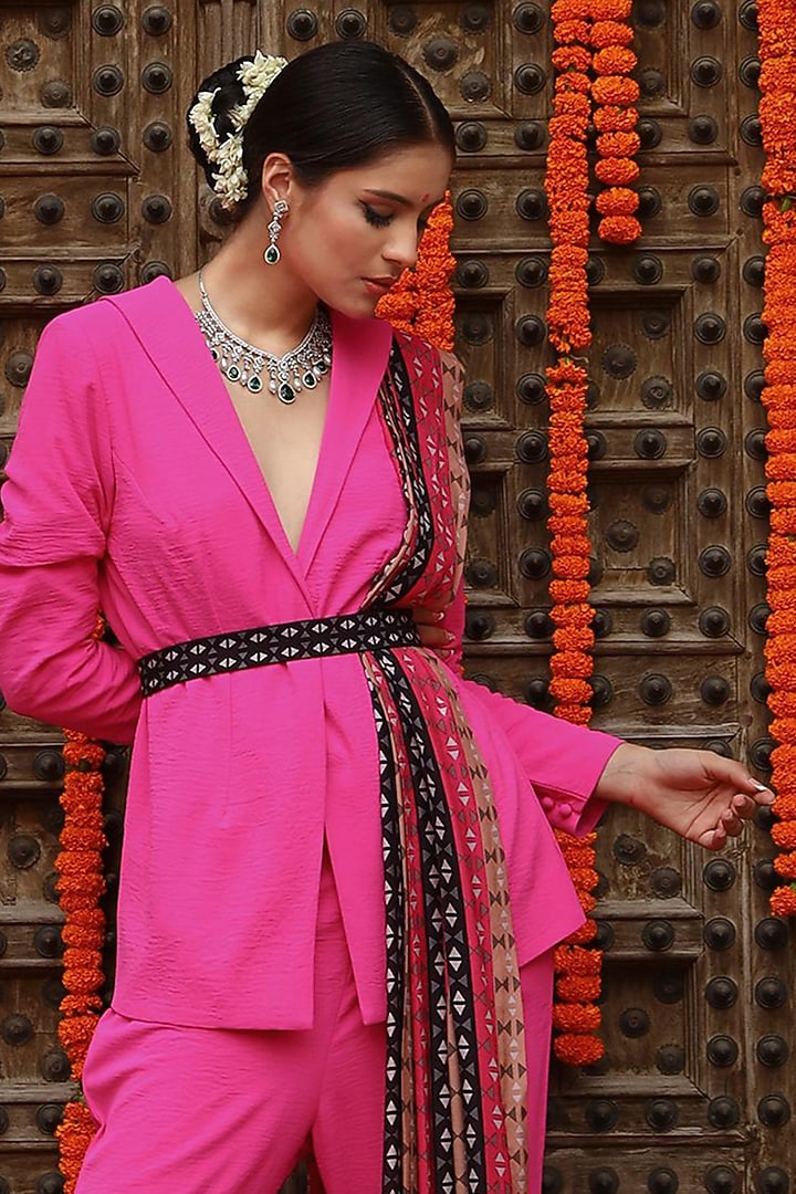 Hot Pink Georgette Jacket Set by Gazab By Miku Kumar at Pernia's Pop Up Shop