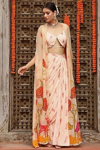 Peach Organza Printed Cape Set by Gazab By Miku Kumar