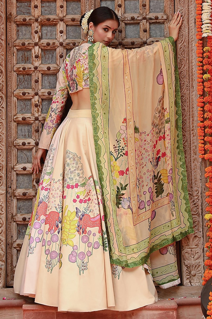 Ivory Silk & Organza Motif Printed Wedding Lehenga Set by Gazab By Miku Kumar at Pernia's Pop Up Shop