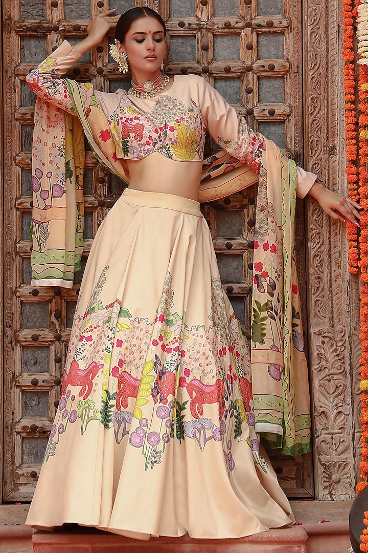 Ivory Silk & Organza Motif Printed Wedding Lehenga Set by Gazab By Miku Kumar at Pernia's Pop Up Shop
