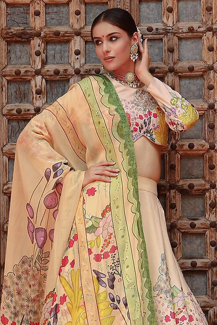 Ivory Silk & Organza Motif Printed Wedding Lehenga Set by Gazab By Miku Kumar at Pernia's Pop Up Shop