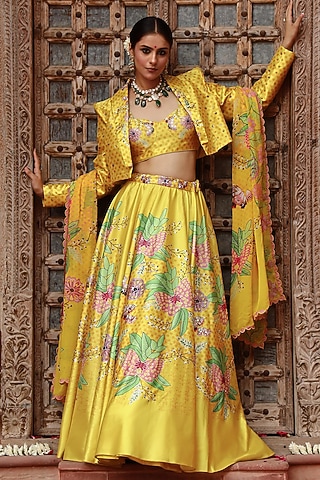 Yellow Silk & Organza Motif Printed Jacket Lehenga Set by Gazab By Miku Kumar
