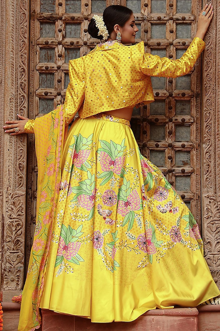 Yellow Silk & Organza Motif Printed Jacket Wedding Lehenga Set by Gazab By Miku Kumar at Pernia's Pop Up Shop