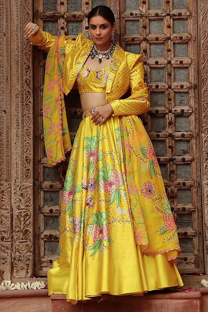 Yellow Silk & Organza Motif Printed Jacket Wedding Lehenga Set by Gazab By Miku Kumar at Pernia's Pop Up Shop
