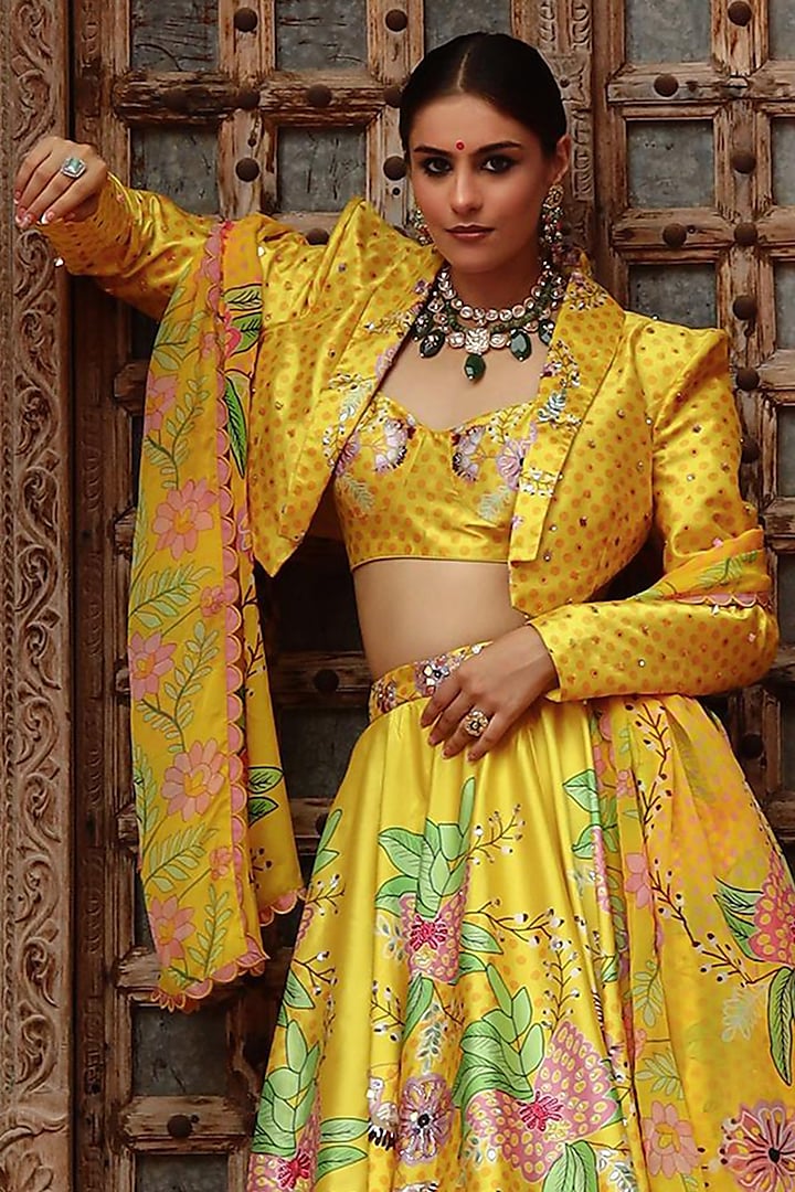 Yellow Silk & Organza Motif Printed Jacket Wedding Lehenga Set by Gazab By Miku Kumar at Pernia's Pop Up Shop