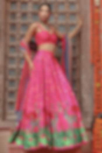 Hot Pink Silk & Organza Motif Printed Jacket Wedding Lehenga Set by Gazab By Miku Kumar at Pernia's Pop Up Shop