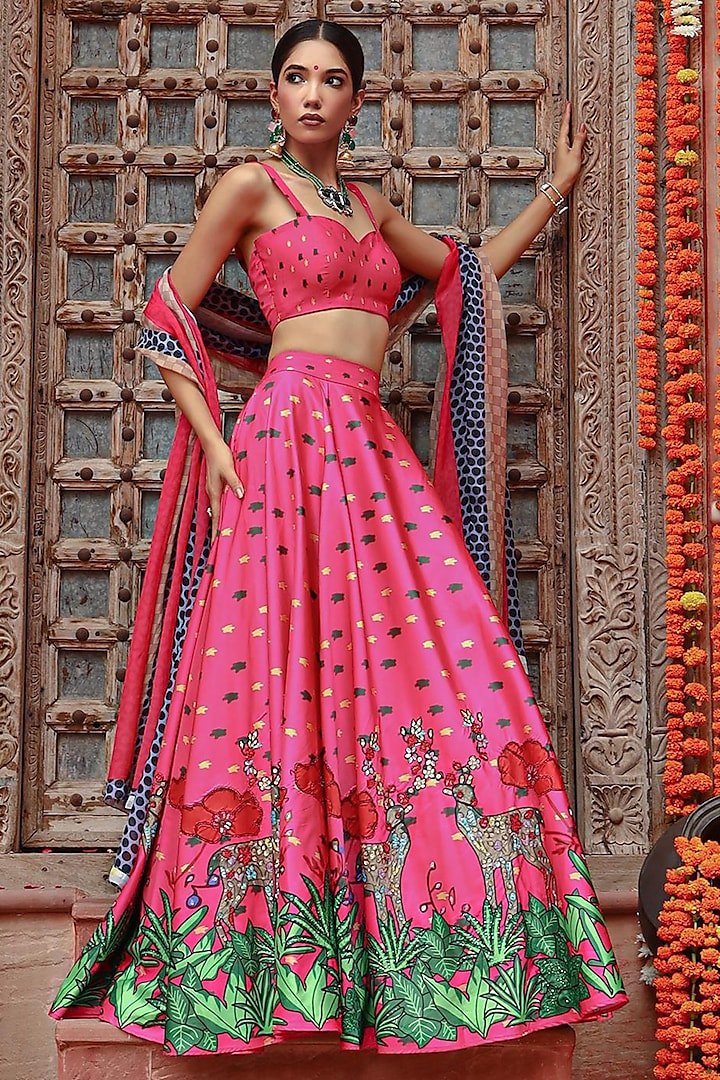 Hot Pink Silk & Organza Motif Printed Jacket Wedding Lehenga Set by Gazab By Miku Kumar at Pernia's Pop Up Shop