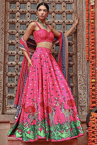 Hot Pink Silk & Organza Motif Printed Jacket Lehenga Set by Gazab By Miku Kumar