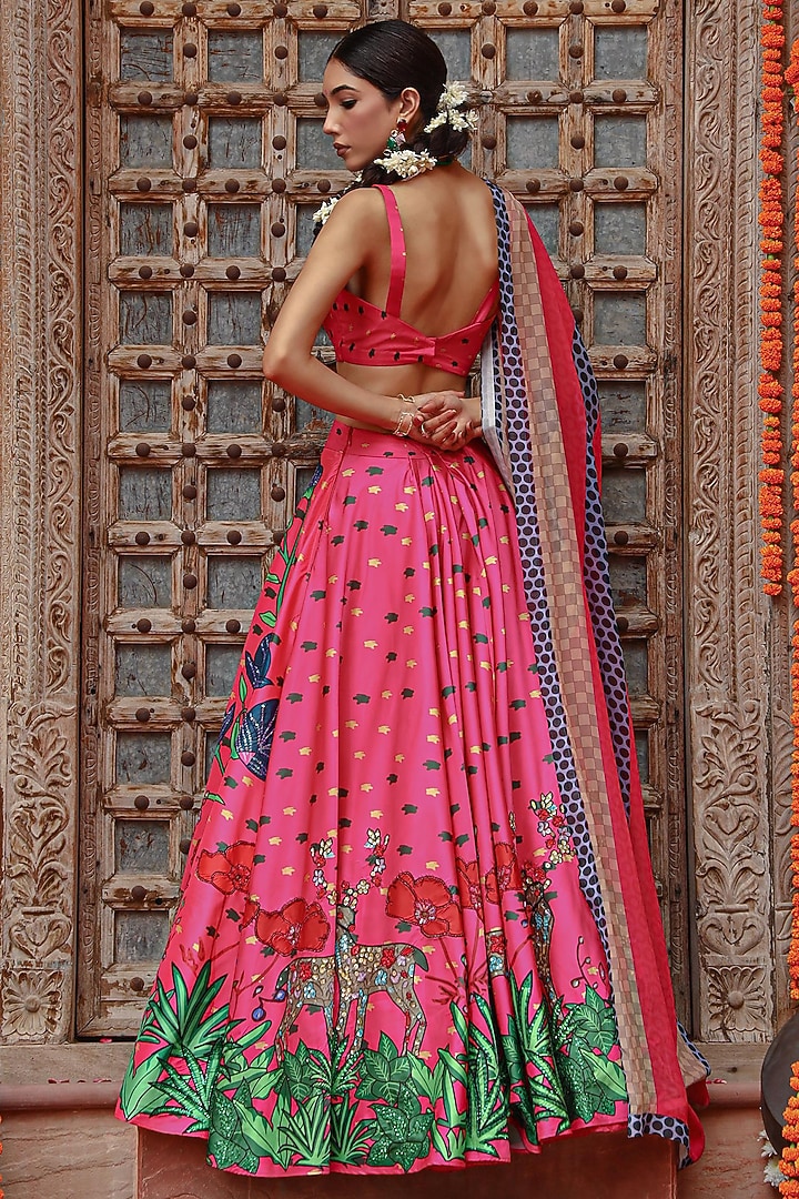 Hot Pink Silk & Organza Motif Printed Jacket Wedding Lehenga Set by Gazab By Miku Kumar at Pernia's Pop Up Shop