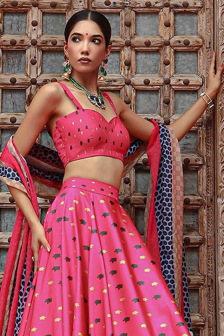 Hot Pink Silk & Organza Motif Printed Jacket Wedding Lehenga Set by Gazab By Miku Kumar at Pernia's Pop Up Shop