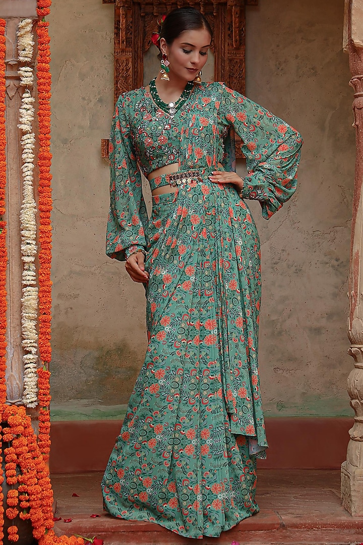 Green Georgette Boho Printed Pre-Draped Saree Set by Gazab By Miku Kumar at Pernia's Pop Up Shop