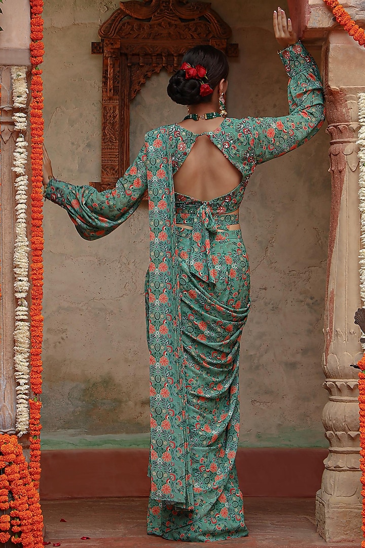 Green Georgette Boho Printed Pre-Draped Party Wear Saree Set by Gazab By Miku Kumar at Pernia's Pop Up Shop