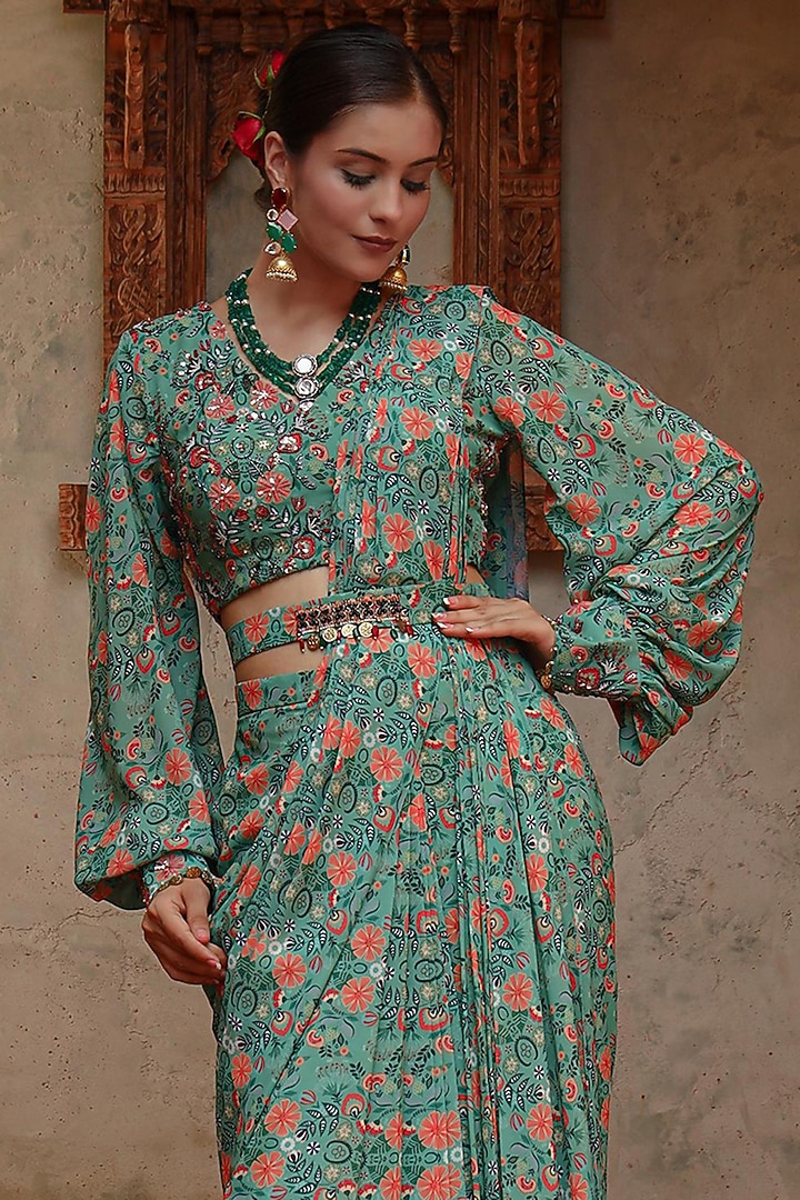Green Georgette Boho Printed Pre-Draped Party Wear Saree Set by Gazab By Miku Kumar at Pernia's Pop Up Shop