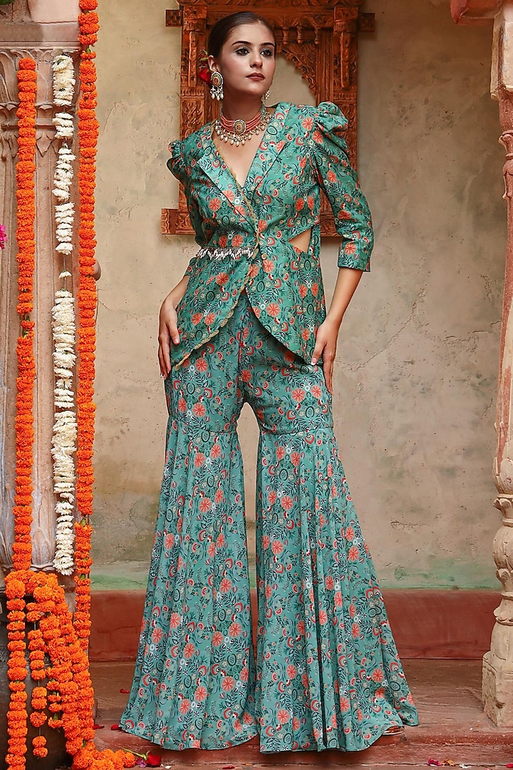 Green Georgette Boho Printed Sharara Set by Gazab By Miku Kumar at Pernia's Pop Up Shop