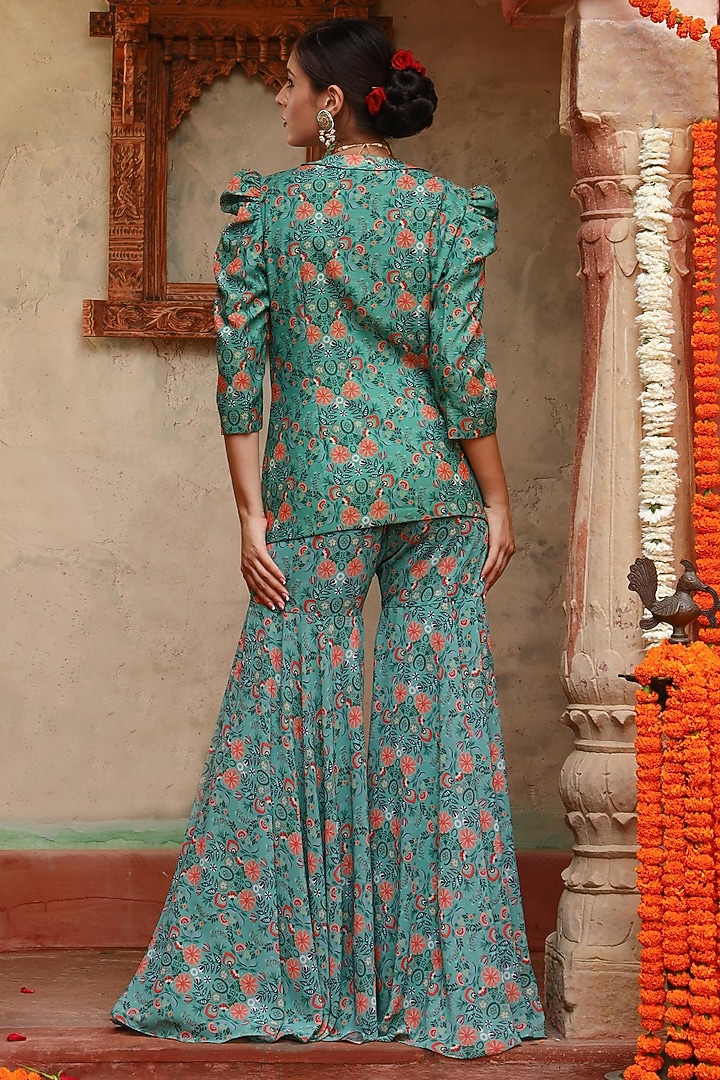 Green Georgette Boho Printed Party Wear Sharara Set by Gazab By Miku Kumar at Pernia's Pop Up Shop