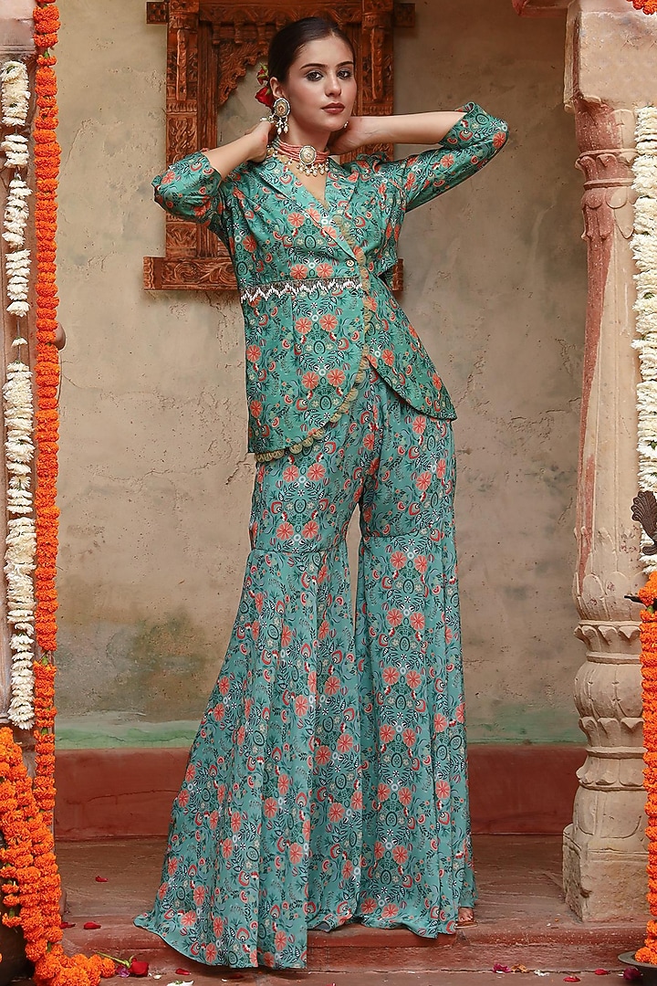 Green Georgette Boho Printed Party Wear Sharara Set by Gazab By Miku Kumar at Pernia's Pop Up Shop