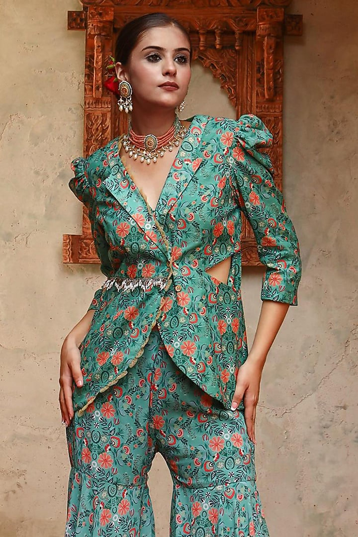 Green Georgette Boho Printed Party Wear Sharara Set by Gazab By Miku Kumar at Pernia's Pop Up Shop
