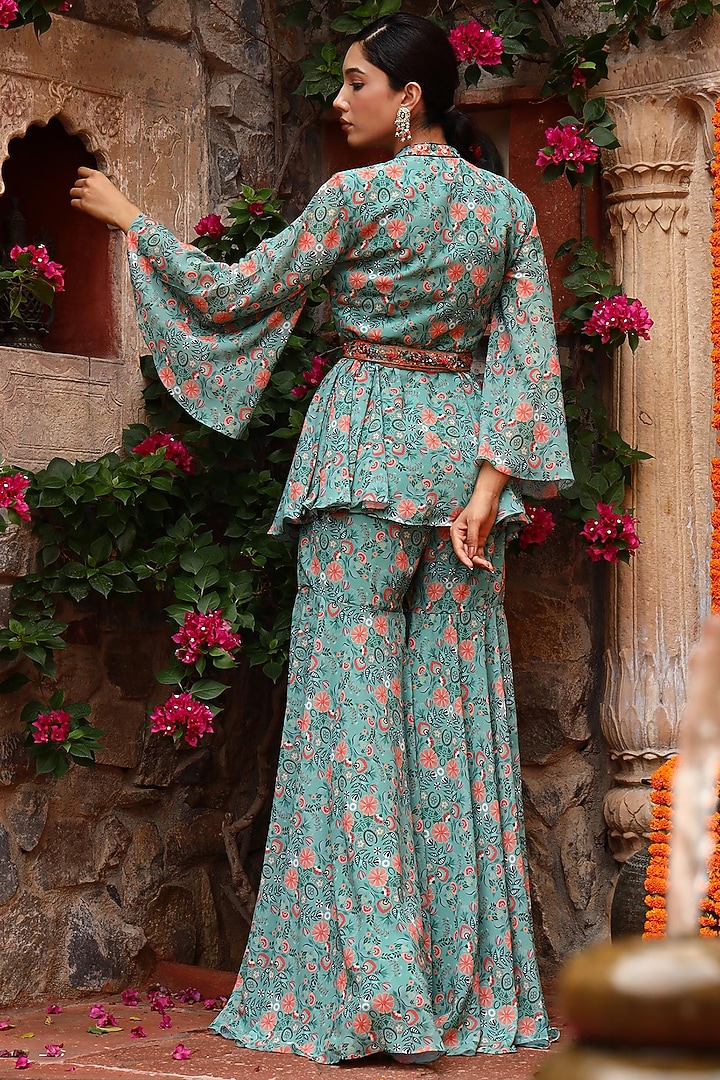 Green Georgette Printed Party Wear Sharara Set by Gazab By Miku Kumar at Pernia's Pop Up Shop