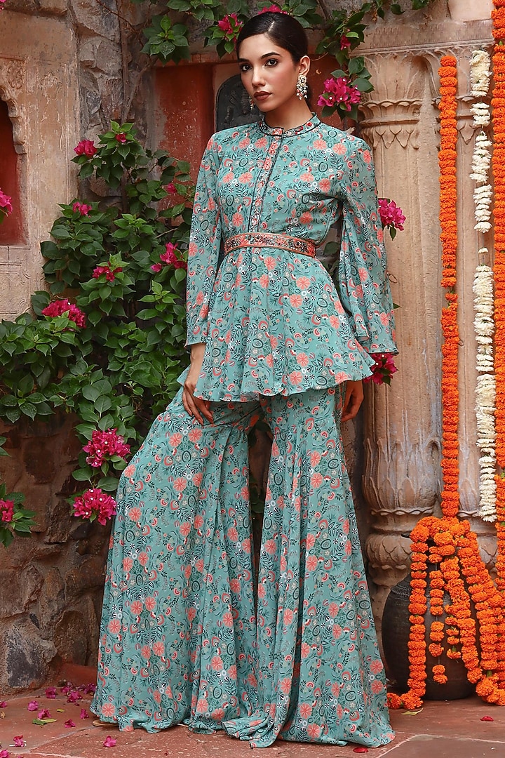 Green Georgette Printed Party Wear Sharara Set by Gazab By Miku Kumar at Pernia's Pop Up Shop