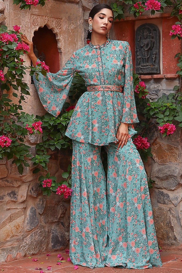 Green Georgette Printed Party Wear Sharara Set by Gazab By Miku Kumar at Pernia's Pop Up Shop