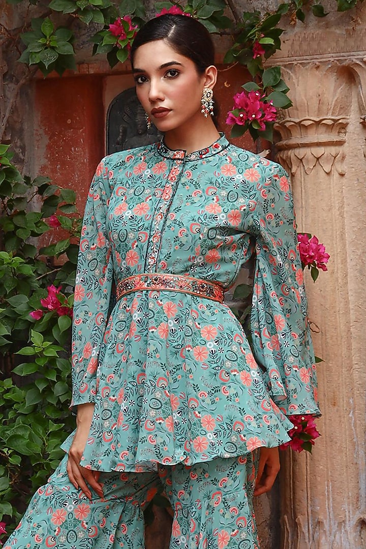 Green Georgette Printed Party Wear Sharara Set by Gazab By Miku Kumar at Pernia's Pop Up Shop