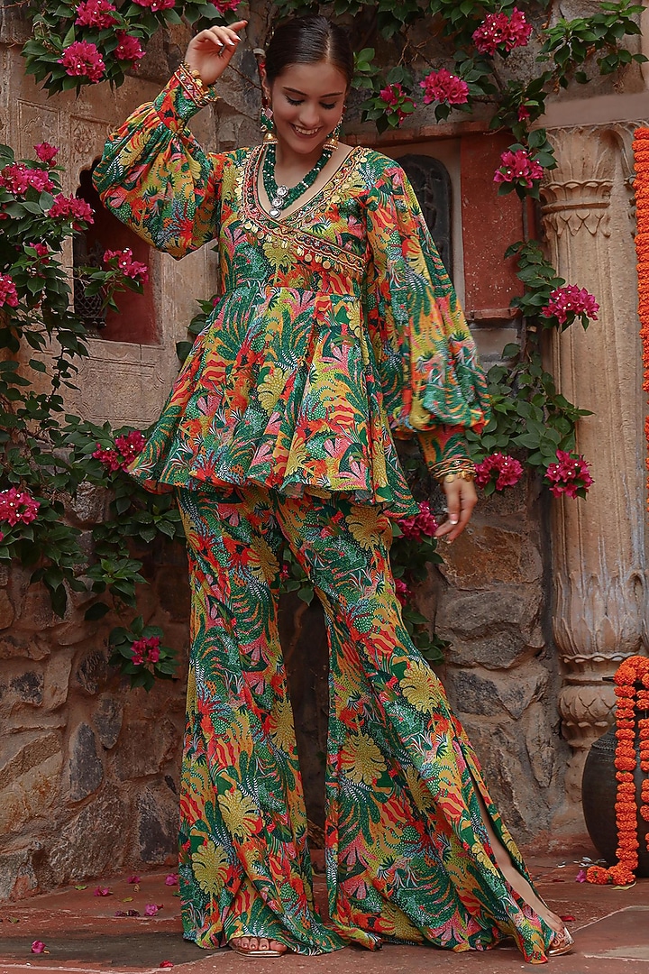Green Georgette Printed Angrakha Tunic Set by Gazab By Miku Kumar at Pernia's Pop Up Shop