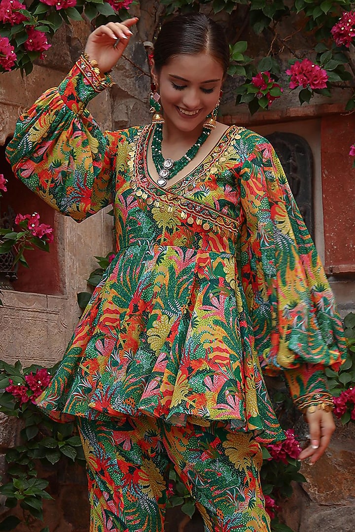 Green Georgette Printed Angrakha Tunic Set by Gazab By Miku Kumar at Pernia's Pop Up Shop