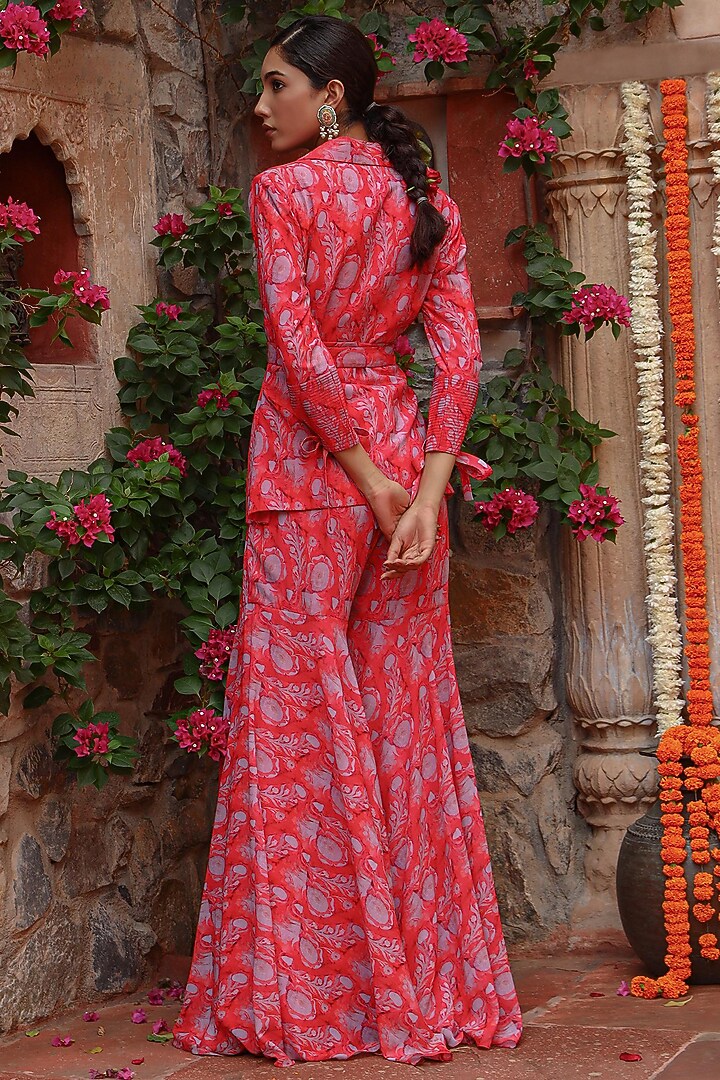 Red Georgette Hand Embroidered Jacket Set by Gazab By Miku Kumar at Pernia's Pop Up Shop