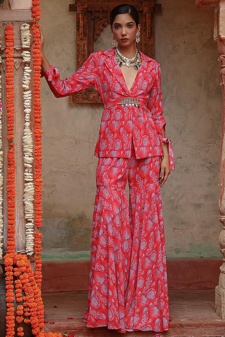 Red Georgette Hand Embroidered Jacket Set by Gazab By Miku Kumar at Pernia's Pop Up Shop