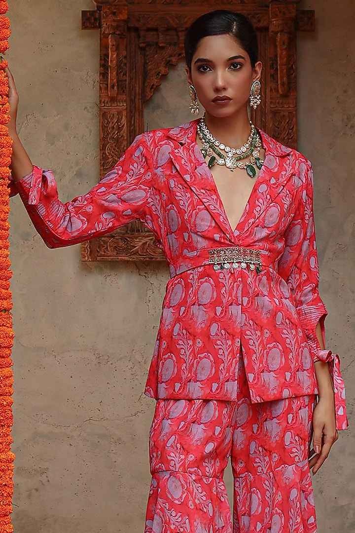 Red Georgette Hand Embroidered Jacket Set by Gazab By Miku Kumar at Pernia's Pop Up Shop