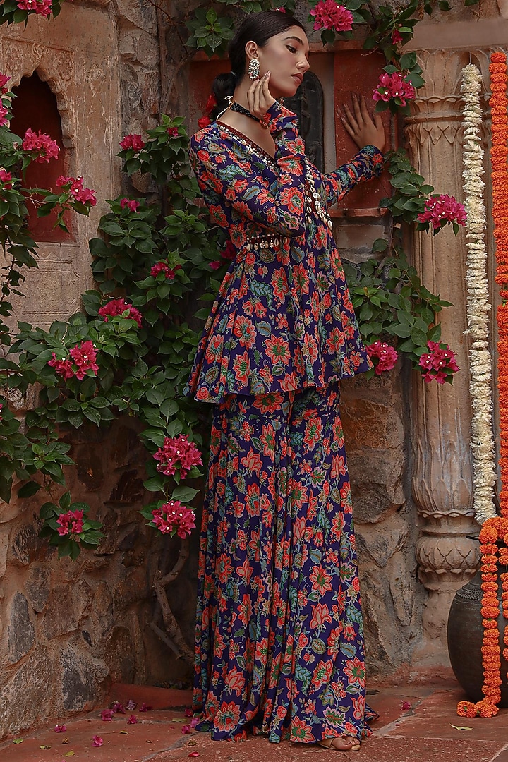 Purple Georgette Madhubani Printed Party Wear Sharara Set by Gazab By Miku Kumar at Pernia's Pop Up Shop