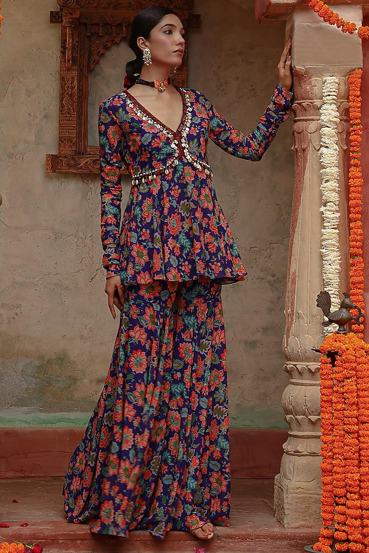 Purple Georgette Madhubani Printed Party Wear Sharara Set by Gazab By Miku Kumar at Pernia's Pop Up Shop