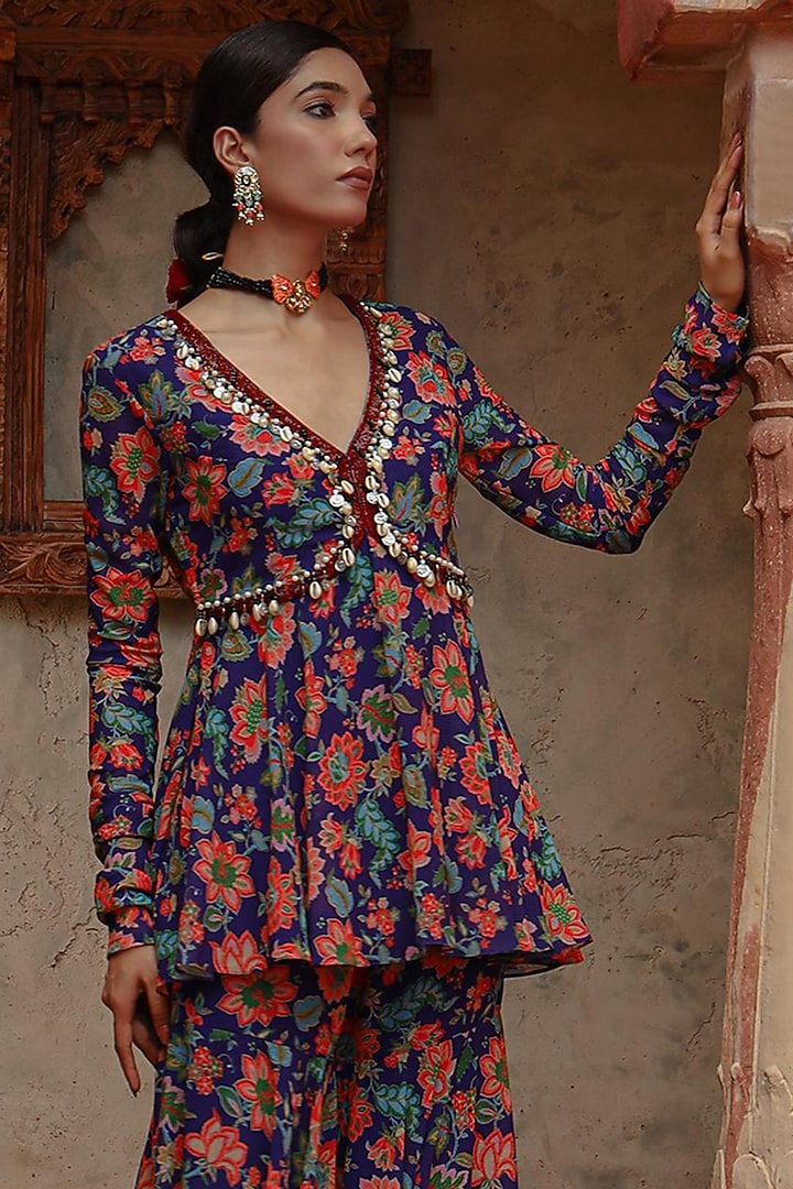 Purple Georgette Madhubani Printed Party Wear Sharara Set by Gazab By Miku Kumar at Pernia's Pop Up Shop