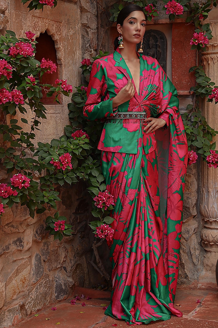 Pink & Green Silk Leaf Printed Draped Jacket Saree Set by Gazab By Miku Kumar at Pernia's Pop Up Shop