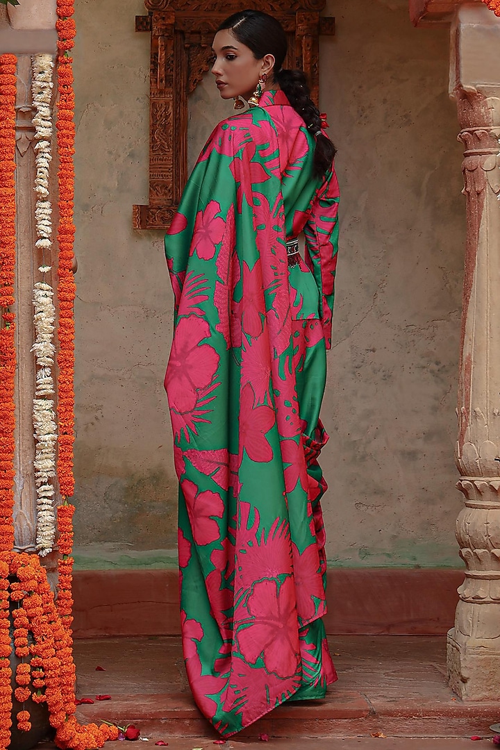 Pink & Green Silk Leaf Printed Draped Jacket Party Wear Saree Set by Gazab By Miku Kumar at Pernia's Pop Up Shop