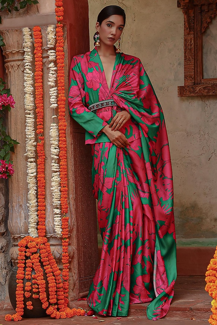 Pink & Green Silk Leaf Printed Draped Jacket Party Wear Saree Set by Gazab By Miku Kumar at Pernia's Pop Up Shop