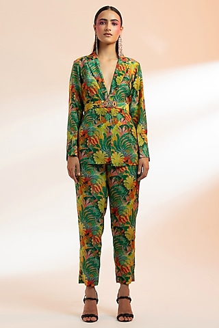 Green Chanderi Silk Forest Printed Blazer Set by Gazab By Miku Kumar