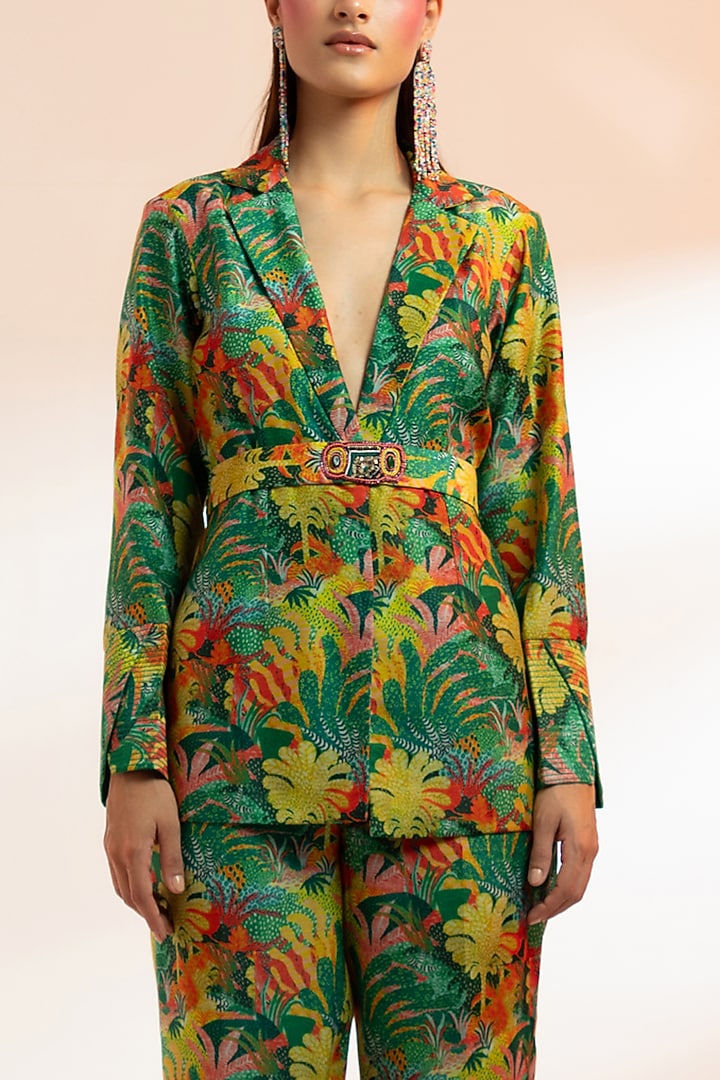 Green Chanderi Silk Forest Printed Blazer Set by Gazab By Miku Kumar at Pernia's Pop Up Shop