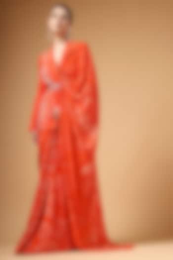 Orange Silk Crepe Printed Pre-Draped Wedding Saree Set by Gazab By Miku Kumar at Pernia's Pop Up Shop