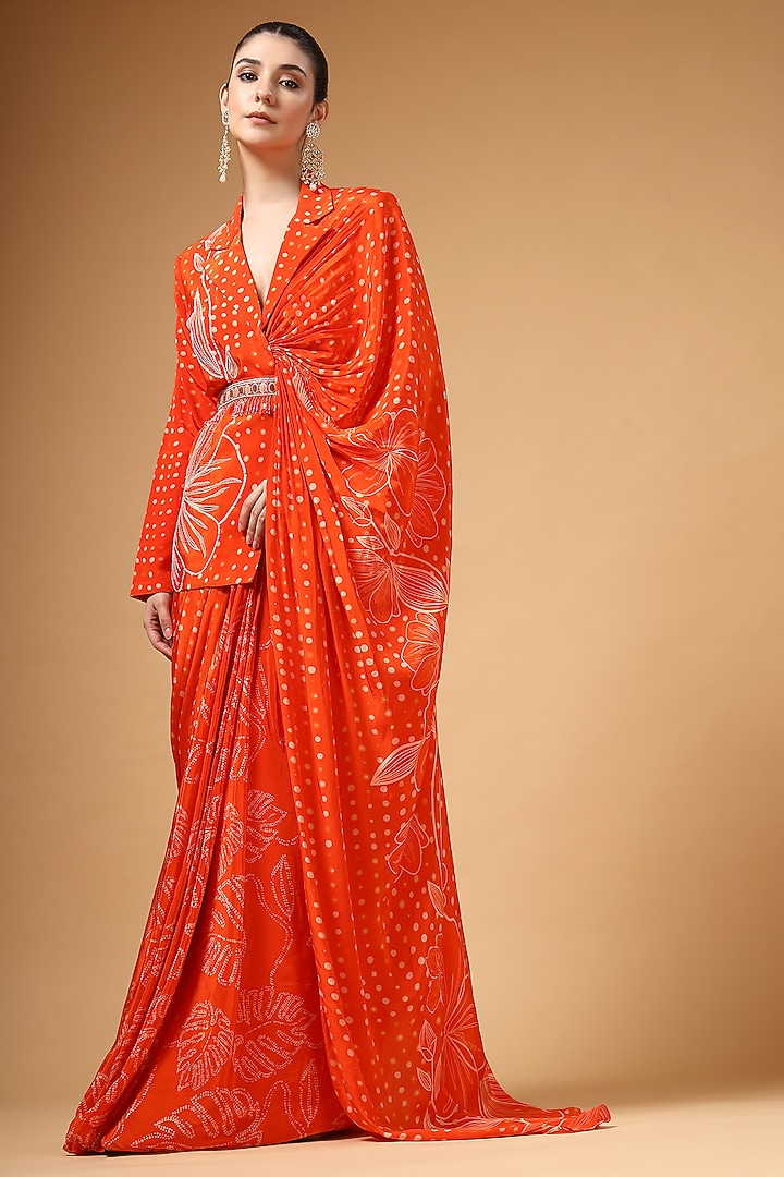Orange Silk Crepe Printed Pre-Draped Wedding Saree Set by Gazab By Miku Kumar at Pernia's Pop Up Shop