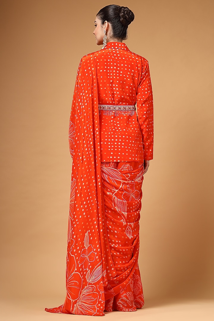 Orange Silk Crepe Printed Pre-Draped Wedding Saree Set by Gazab By Miku Kumar at Pernia's Pop Up Shop