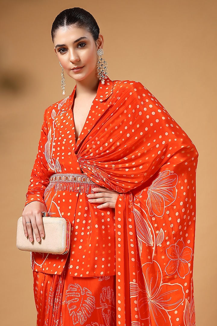 Orange Silk Crepe Printed Pre-Draped Wedding Saree Set by Gazab By Miku Kumar at Pernia's Pop Up Shop