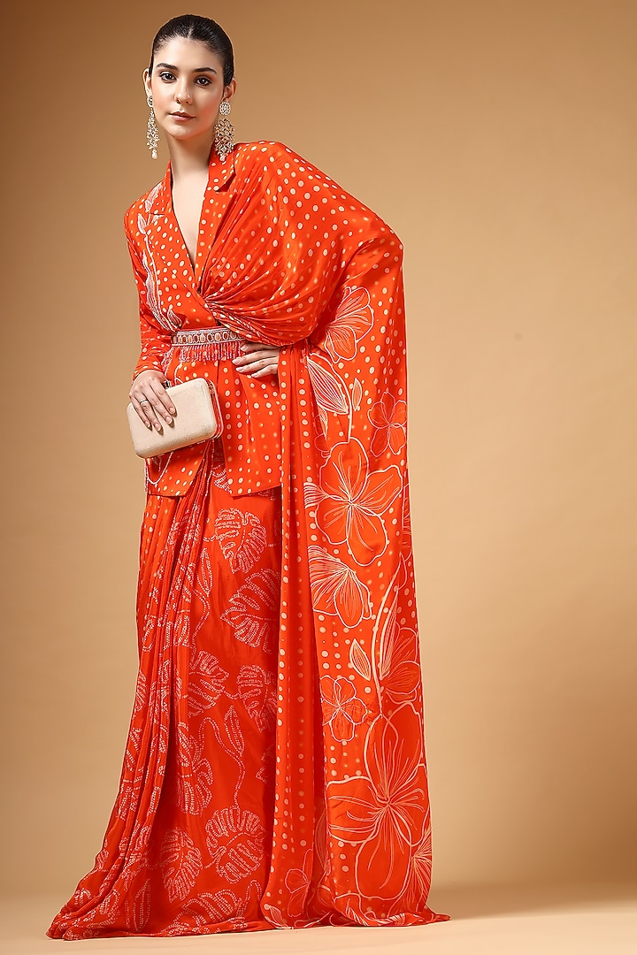 Orange Silk Crepe Printed Pre-Draped Wedding Saree Set by Gazab By Miku Kumar at Pernia's Pop Up Shop