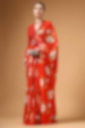 Red Silk Crepe Floral Printed Pre-Draped Party Wear Saree Set by Gazab By Miku Kumar at Pernia's Pop Up Shop