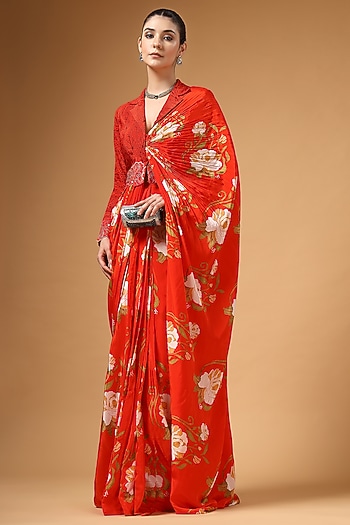 Red Silk Crepe Floral Printed Pre-Draped Party Wear Saree Set by Gazab By Miku Kumar at Pernia's Pop Up Shop