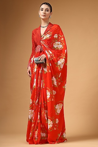 Red Silk Crepe Floral Printed Pre-Draped Saree Set by Gazab By Miku Kumar