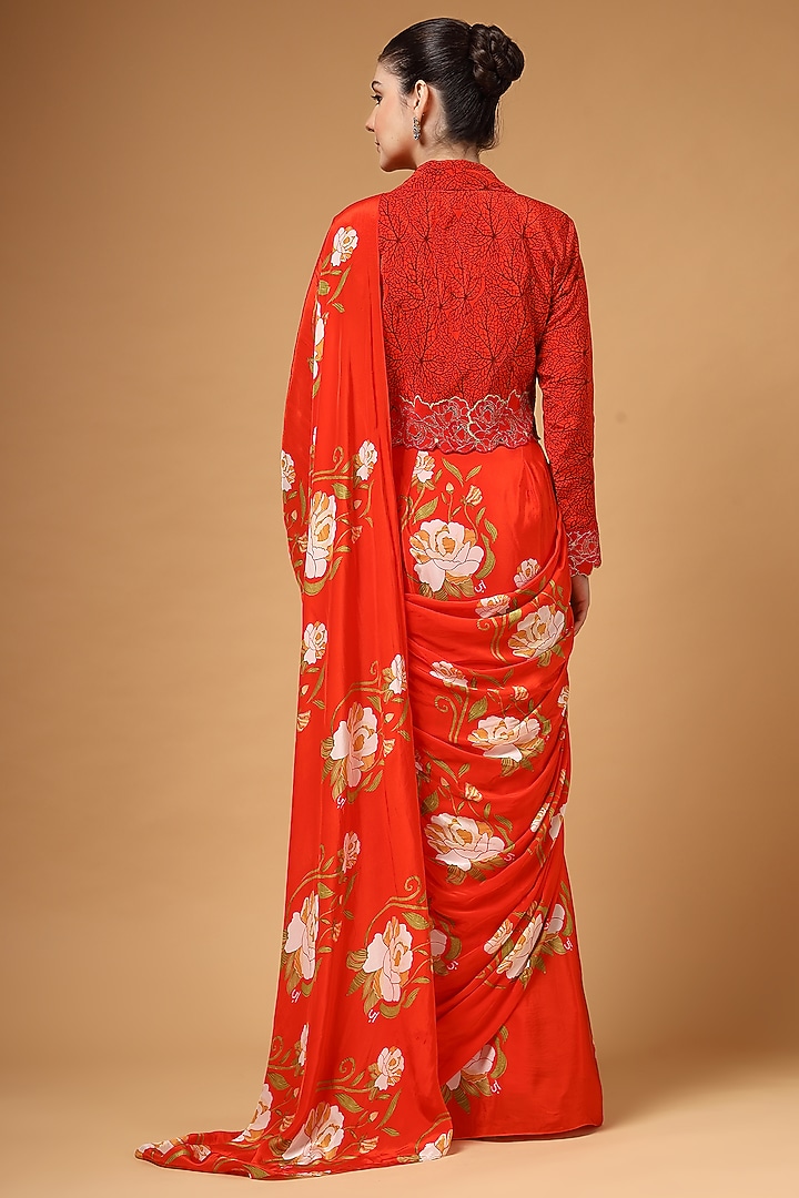 Red Silk Crepe Floral Printed Pre-Draped Party Wear Saree Set by Gazab By Miku Kumar at Pernia's Pop Up Shop