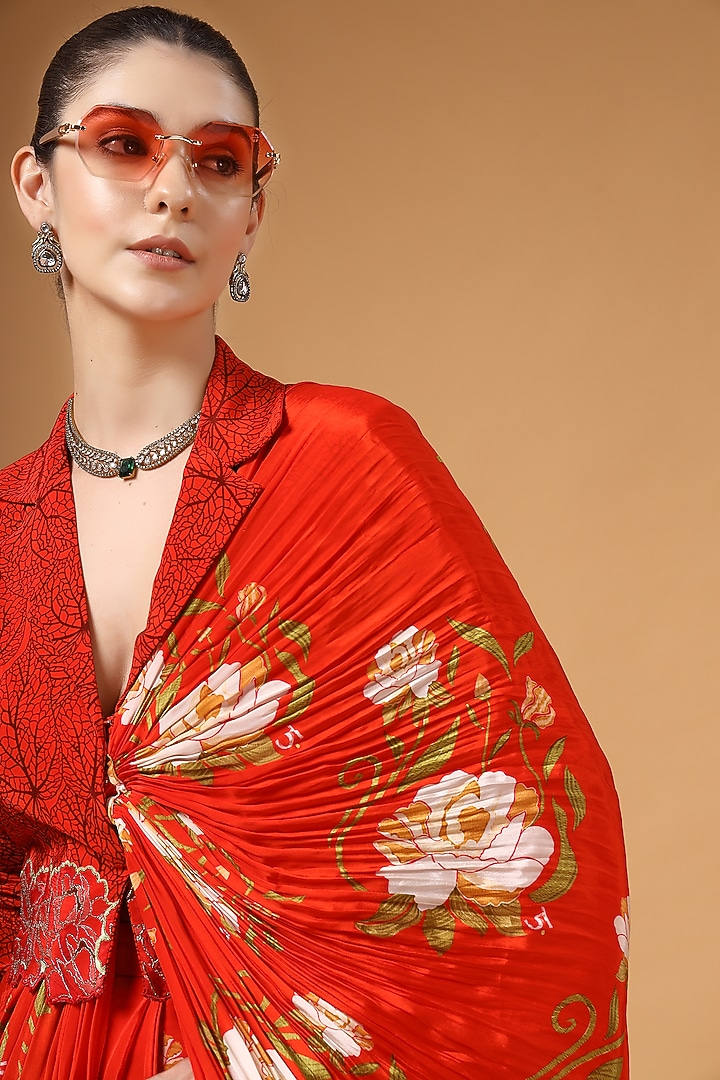 Red Silk Crepe Floral Printed Pre-Draped Party Wear Saree Set by Gazab By Miku Kumar at Pernia's Pop Up Shop