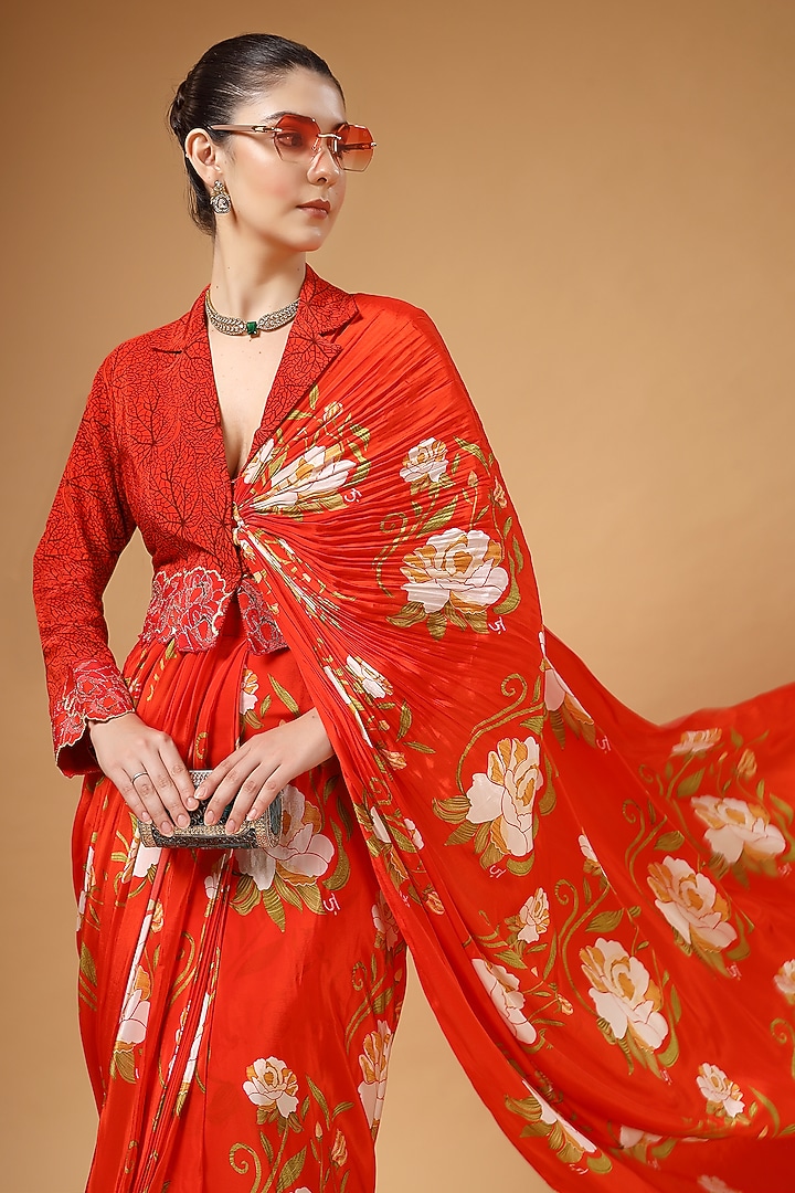 Red Silk Crepe Floral Printed Pre-Draped Party Wear Saree Set by Gazab By Miku Kumar at Pernia's Pop Up Shop